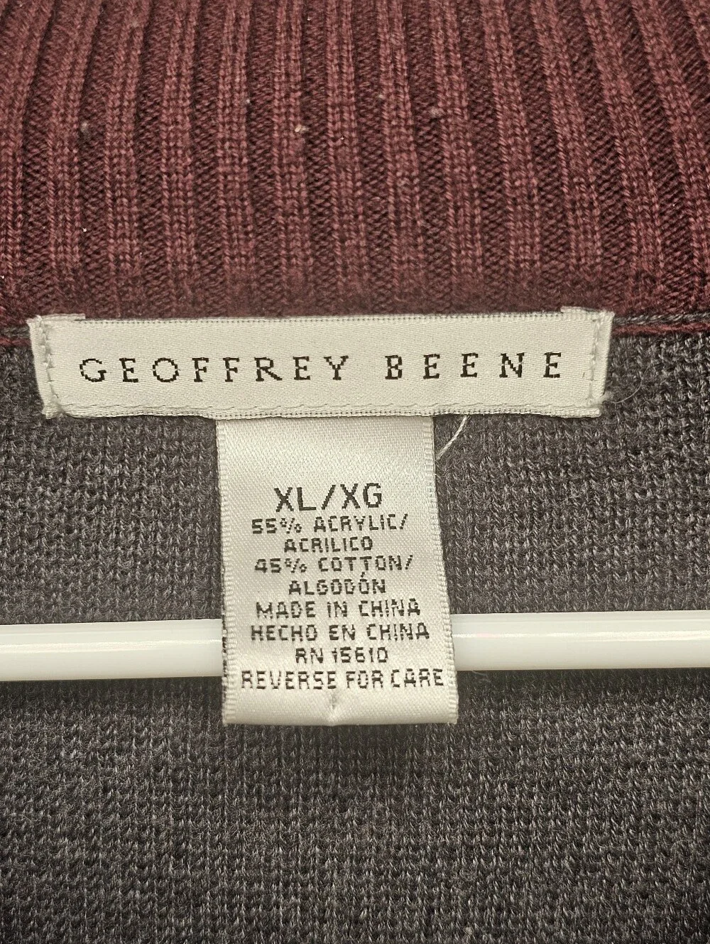 Geoffrey Beene Quarter Zip Sweater Men's XL Grey Burgundy Knit Pullover